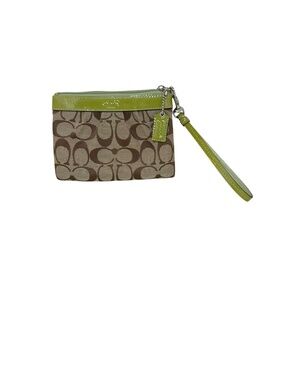 NWOT Coach Signature Jacquard Khaki Lime Green Patent Leather Wristlet